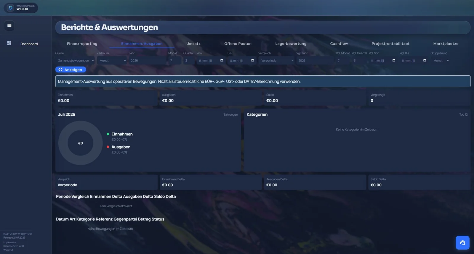 WELOR-Berichtsansicht mit Einnahmen-/Ausgaben-Dashboard im ADIS-Firmenaccount